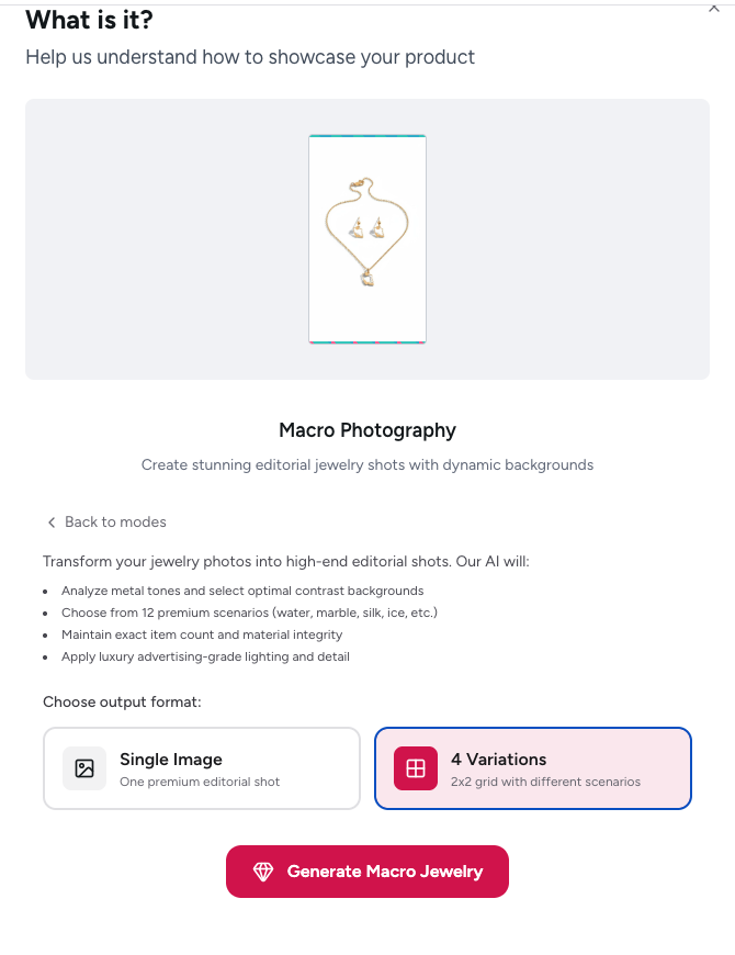 Choose single image or 4-panel showcase format